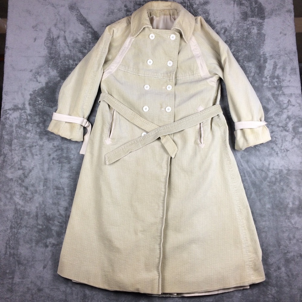 Holt Renfrew Marie France Trench Coat Womens Large Corduroy Lined Beige Belted